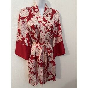 August Silk 100% Silk Women’s Robe Kimono  Print Belted Red White Floral EUC L